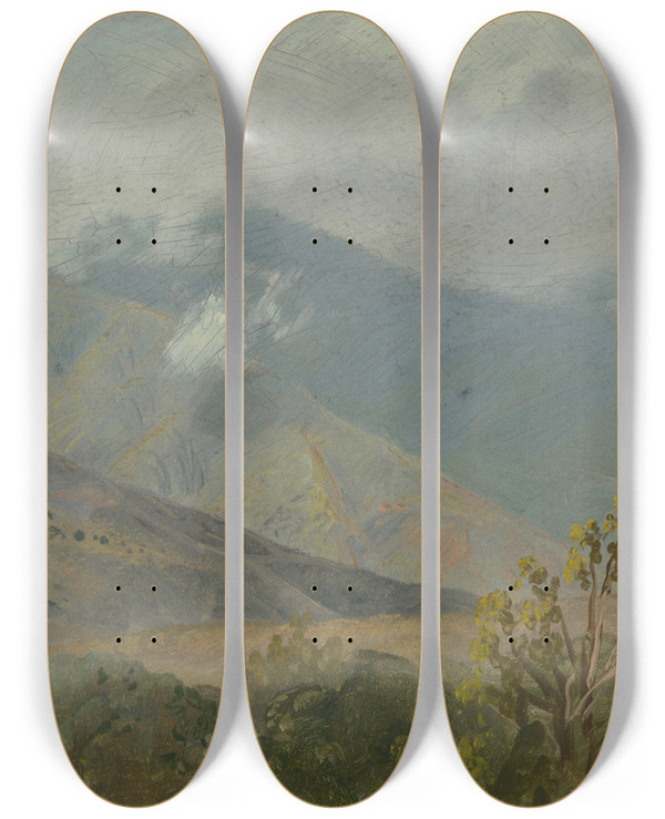 Triptych art skateboard deck of Frederic Edwin Church Mountainous Landscape V by Frederic Edwin Church (1826-1900)