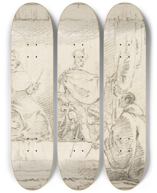Triptych art skateboard deck of Giovanni Battista Tiepolo Two Monks Kneeling Before A Doge And An Emperor Doge Ziani And Emperor Barbarossa by Giovanni Battista Tiepolo (1696-1770)
