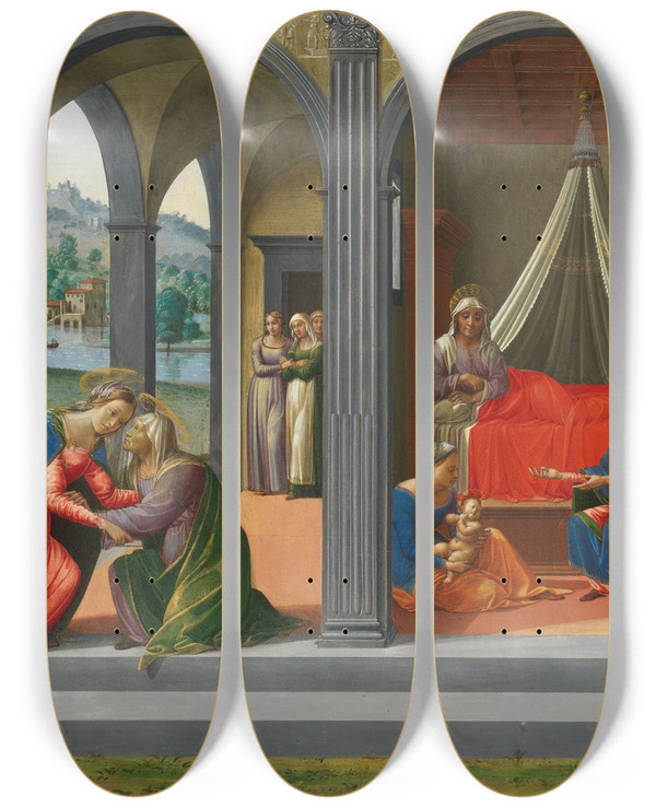 Triptych art skateboard deck of Francesco Granacci Scenes From The Life Of Saint John The Baptist by Francesco Granacci (1469-1543)
