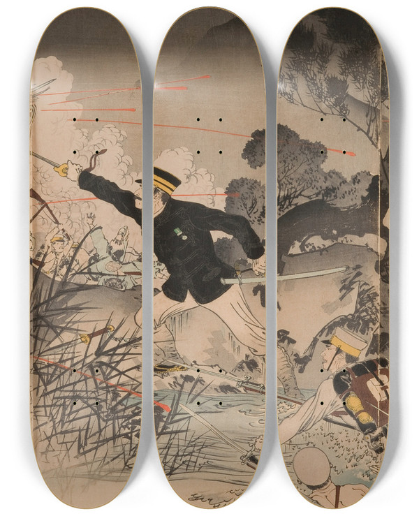 Triptych art skateboard deck of Toshikata Mizuno The Bravery Of Captain Matsuzaki During The Great Fierce Battle At Anseong Crossing by Toshikata Mizuno (1866-1908)