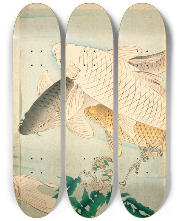 Triptych art skateboard deck of Tsukioka Yoshitoshi Carp With Wisteria by Tsukioka Yoshitoshi (1839-1892)