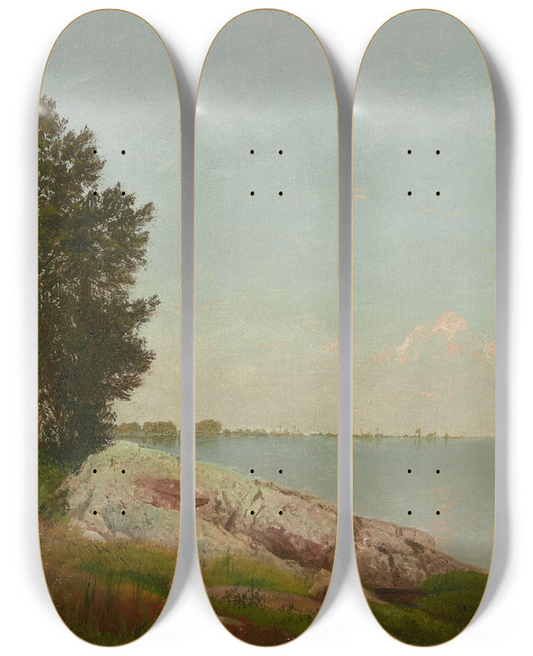 Triptych art skateboard deck of John Frederick Kensett Study On Long Island Sound At Darien Connecticut by John Frederick Kensett (1816-1872)