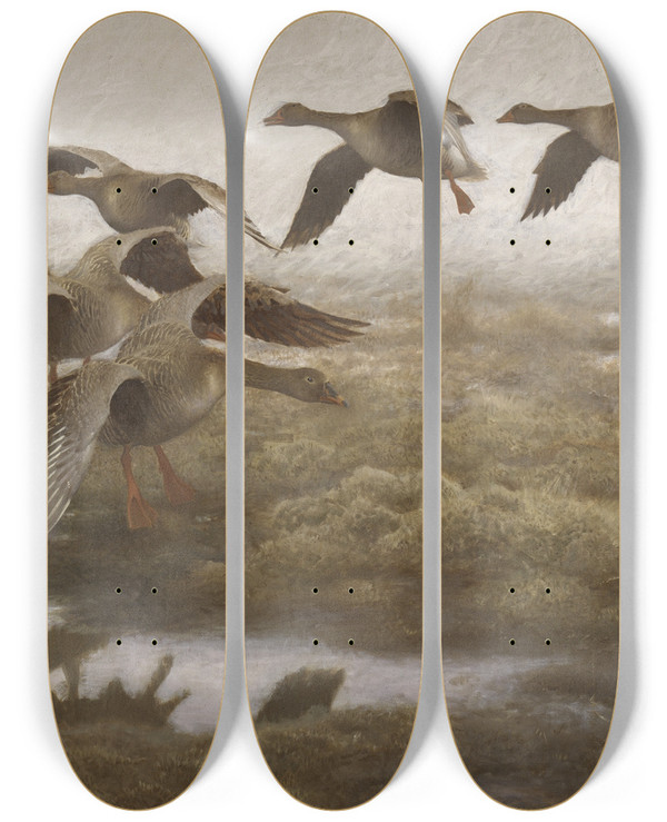 Triptych art skateboard deck of Bruno Liljefors Wildgeese Settling by Bruno Liljefors (1860-1939)