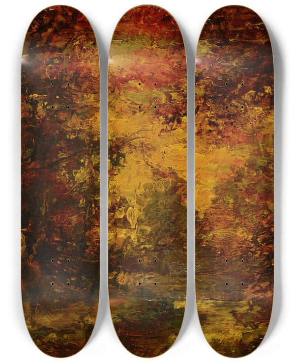 Triptych art skateboard deck of Ralph Albert Blakelock Teepee At Sunset by Ralph Albert Blakelock (1847-1919)