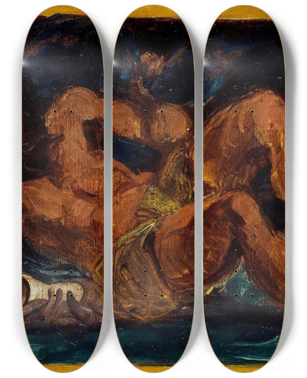 Triptych art skateboard deck of Eugne Delacroix Neptune Apaisant Les Flots by Eugene Delacroix (1798-1863)