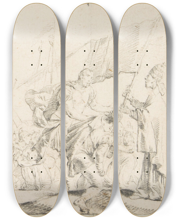 Triptych art skateboard deck of Giovanni Battista Tiepolo Pope Handing A Banner To A Crusader With Ships In The Background by Giovanni Battista Tiepolo (1696-1770)