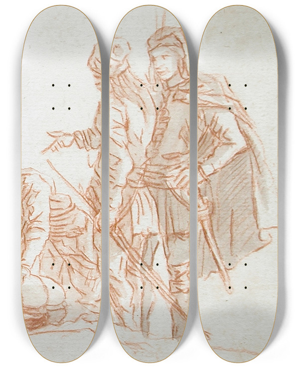 Triptych art skateboard deck of Alexisjoseph Prignon Group Of Turkish Men by Alexis Joseph Perignon (1806-1882)