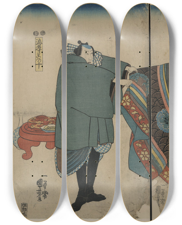Triptych art skateboard deck of Utagawa Kuniyoshi Taira No Munemori Mikazuki Osen Ebizako No J by Utagawa Kuniyoshi (1797-1861)
