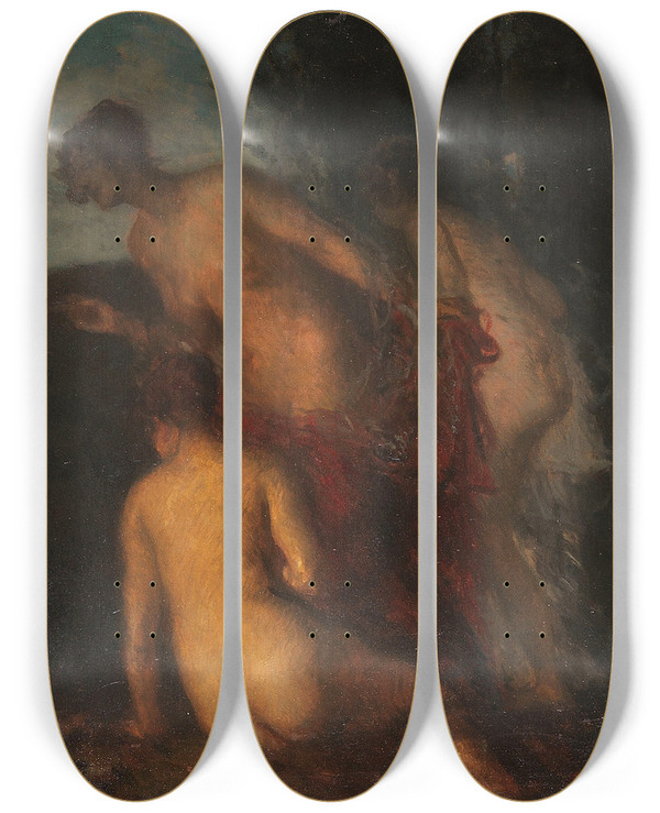 Triptych art skateboard deck of Carl Von Marr Die Versuchung Des Heiligen Antonius by Carl Von Marr (1858-1936)