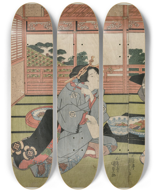 Triptych art skateboard deck of Utagawa Kunisada Toyokuni Iii A View Of The Large New Room At Sakurai by Utagawa Kunisada (Toyokuni III) (1786-1865)