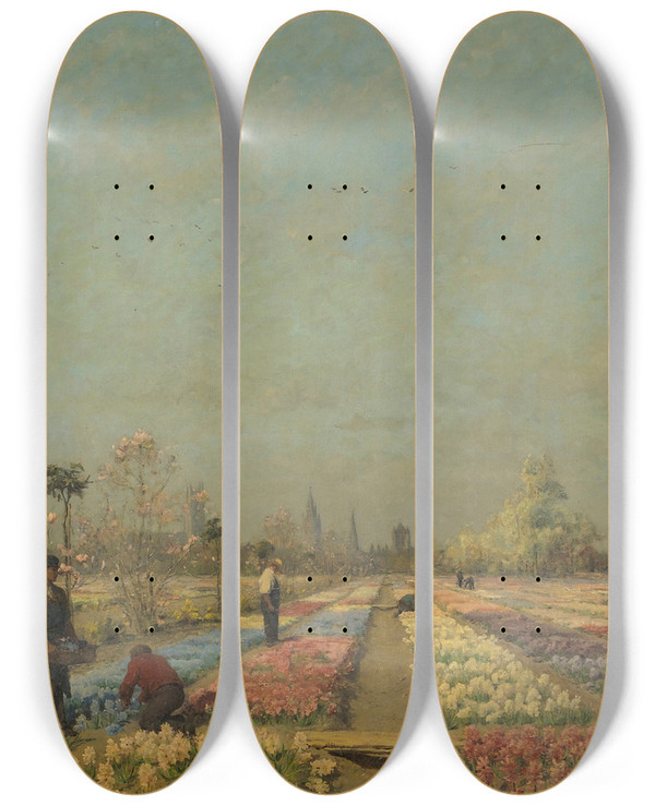 Triptych art skateboard deck of Adrienlouis Demont Tulip Fields by Adrien-Louis Demont (1851-1928)