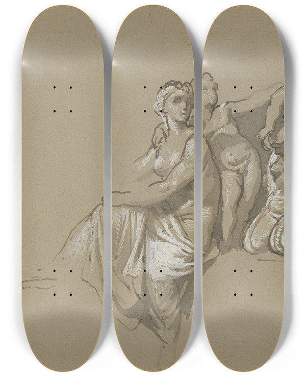 Triptych art skateboard deck of Eugen Klimsch Kopfleiste Mit Figrlichem Schmuck 2 by Eugen Klimsch (1839-1896)