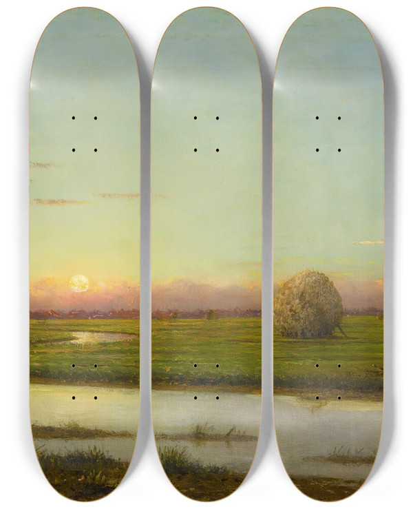 Triptych art skateboard deck of Martin Johnson Heade Sunset Over Newburyport Meadows by Martin Johnson Heade (1819-1904)