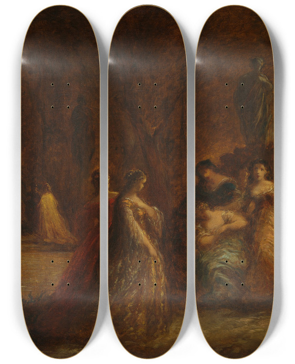 Triptych art skateboard deck of Adolphe Monticelli A Woodland Fte by Adolphe Monticelli (1824-1886)