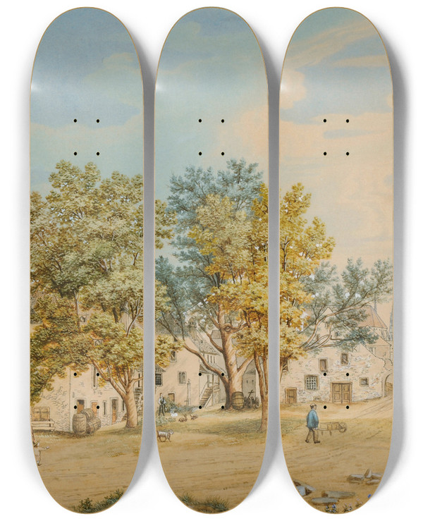Triptych art skateboard deck of Johann Jakob Schneider Hof Des Maria Magdalenenklosters Reuerinnen In Der Steinen In Basel by Johann Jakob Schneider (1822-1889)