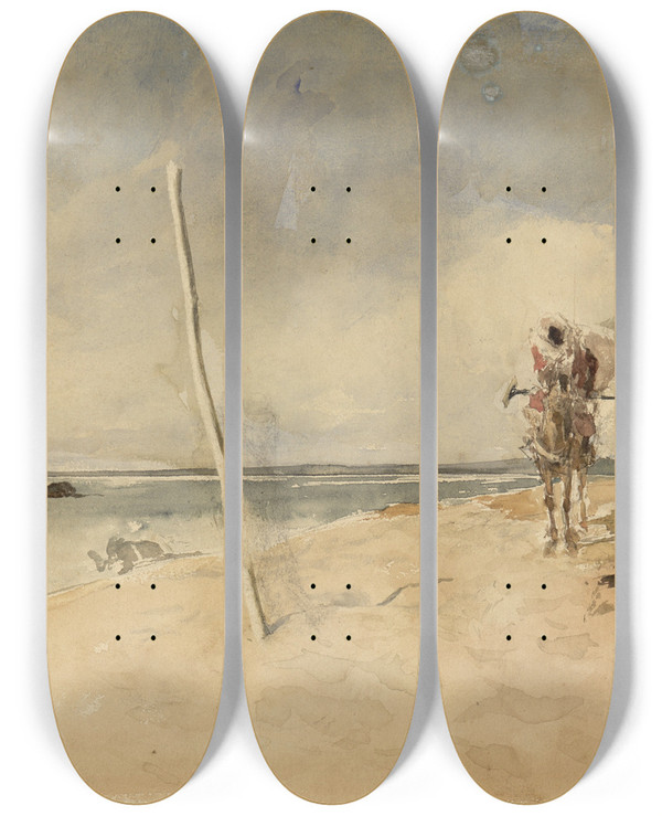 Triptych art skateboard deck of Mariano Fortuny Marsal African Beach by Mariano Fortuny Marsal (1838-1874)