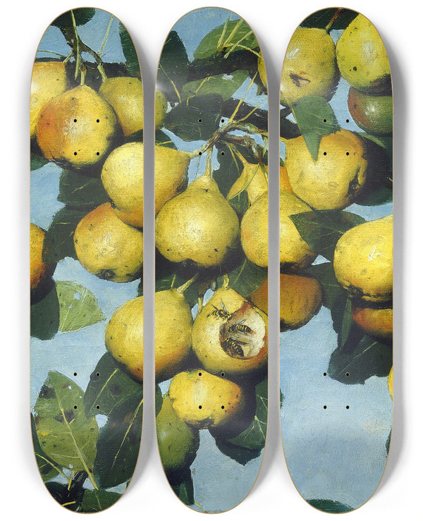 Triptych art skateboard deck of Joseph Decker Ripening Pears by Joseph Decker (1853-1924)