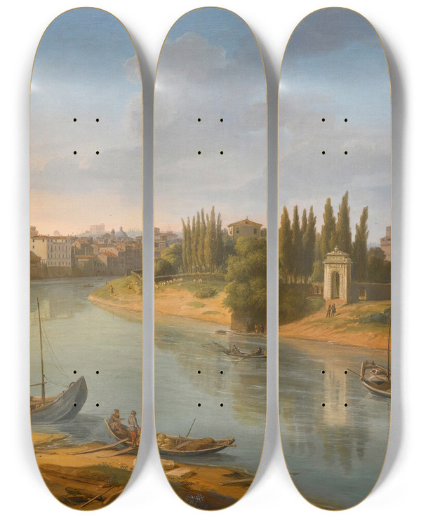 Triptych art skateboard deck of Gaspar Van Wittel Rome A View Of The River Tiber At The Porto Della Legna Looking Towards Castel Santangelo With Saint Peters Basilica In The Distance by Gaspar Van Wittel (1653-1736)