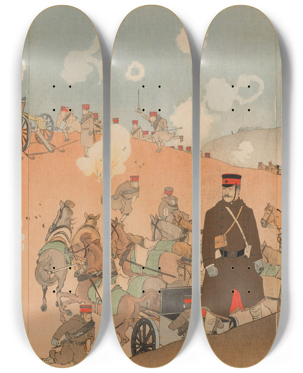 Triptych art skateboard deck of Kobayashi Kiyochika Colonel Kumamoto Masaji Regimental Commander Of The Imperial Guard Artillery by Kobayashi Kiyochika (1847-1915)