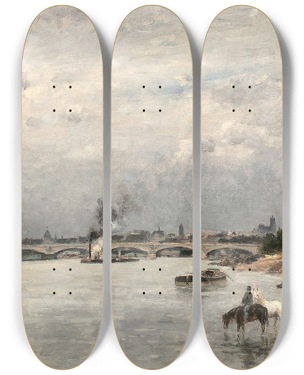 Triptych art skateboard deck of Stanislas Lpine Le Pont Dausterlitz Au Quai De La Rape Paris by Stanislas Lepine (1835-1892)