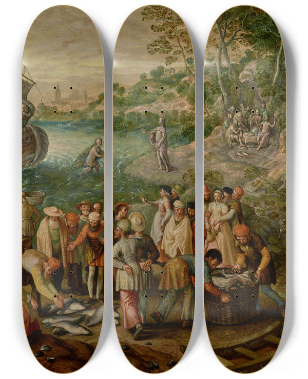Triptych art skateboard deck of Joachim Beuckelaer The Miraculous Draught Of Fishes by Joachim Beuckelaer (1530-1574)