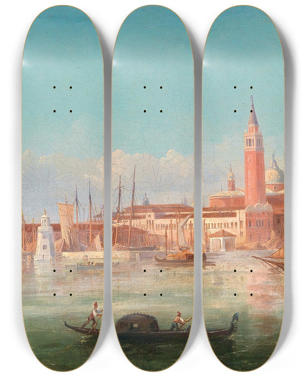 Triptych art skateboard deck of Bernhard Fiedler A View Of Venice by Bernhard Fiedler (1816-1904)