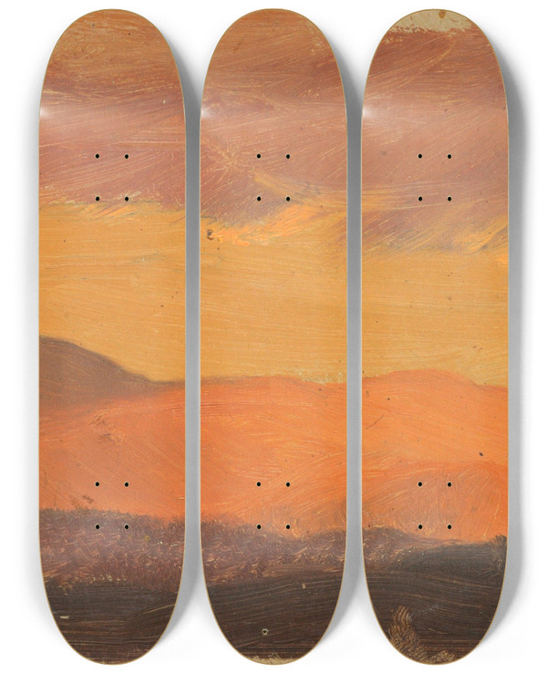 Triptych art skateboard deck of Frederic Edwin Church Sunset Hudson Valley by Frederic Edwin Church (1826-1900)