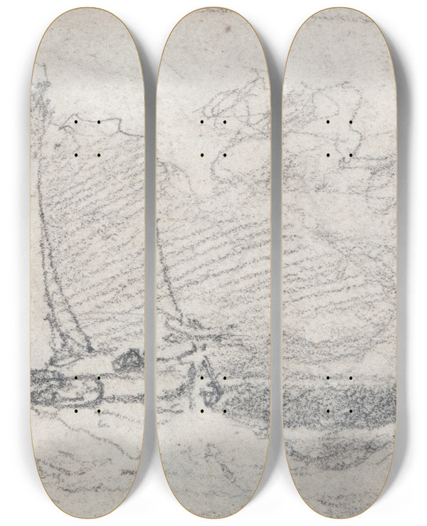 Triptych art skateboard deck of John Sell Cotman Sailing Wherries And Boats In A Choppy Sea by John Sell Cotman (1782-1842)