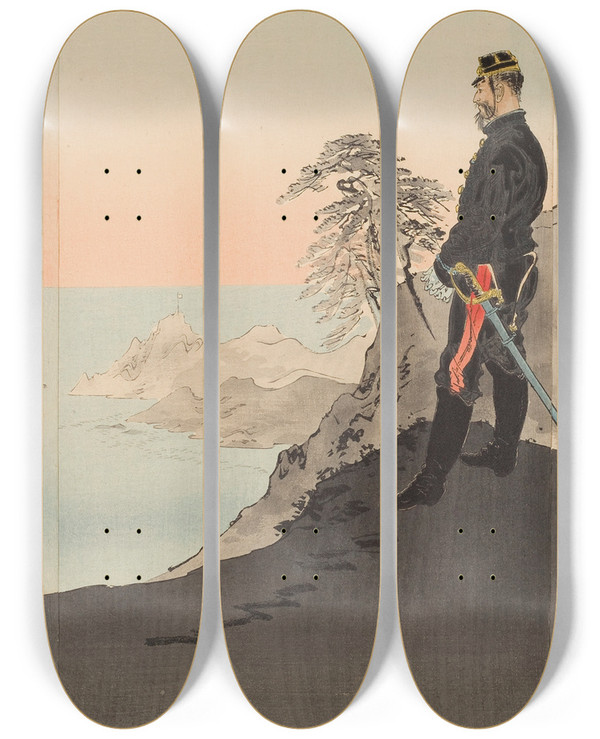 Triptych art skateboard deck of Gata Gekk Officers And Men Admiring The Rising Sun While Bivouacking In The Mountains Of Port Arthur by Ogata Gekko (1859-1920)