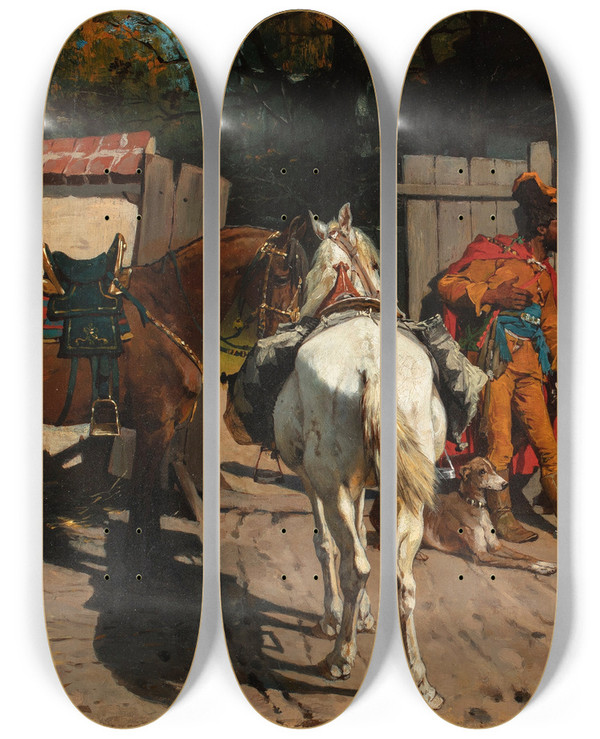 Triptych art skateboard deck of Jozef Brandt Courtship by Jozef Brandt (1841-1915)