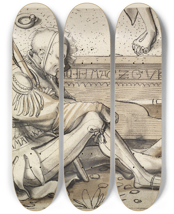 Triptych art skateboard deck of Niklaus Manuel Fragment Eines Scheibenrisses Mit Zwei Grabwchtern by Niklaus Manuel (1484-1530)