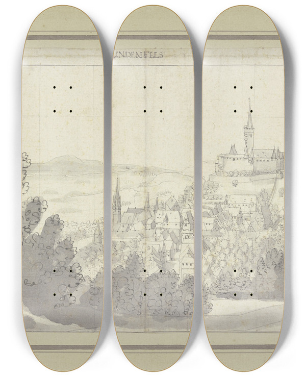 Triptych art skateboard deck of Matthus Merian The Elder Blick Auf Stadt Und Burg Lindenfels Im Odenwald by Matthus Merian the elder (1593-1650)