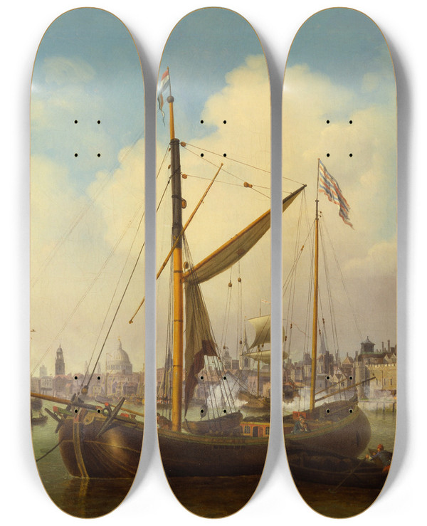 Triptych art skateboard deck of Samuel Scott The Thames And The Tower Of London Supposedly On The Kings Birthday by Samuel Scott (1697-1772)