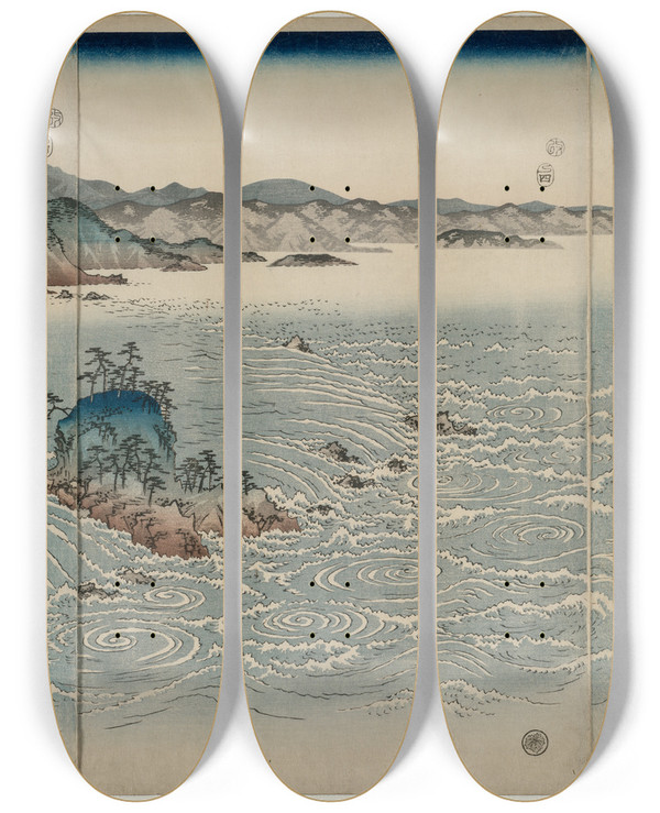 Triptych art skateboard deck of And Hiroshige The Whirlpools Of Awa by Ando Hiroshige (1797-1858)
