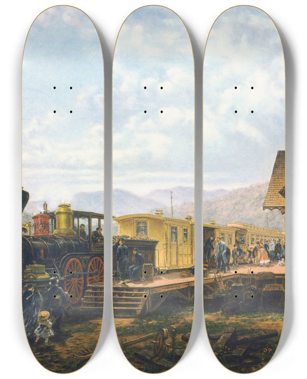 Triptych art skateboard deck of Edward Lamson Henry The 945 Am Accommodations Stratford Connecticut by Edward Lamson Henry (1841-1919)