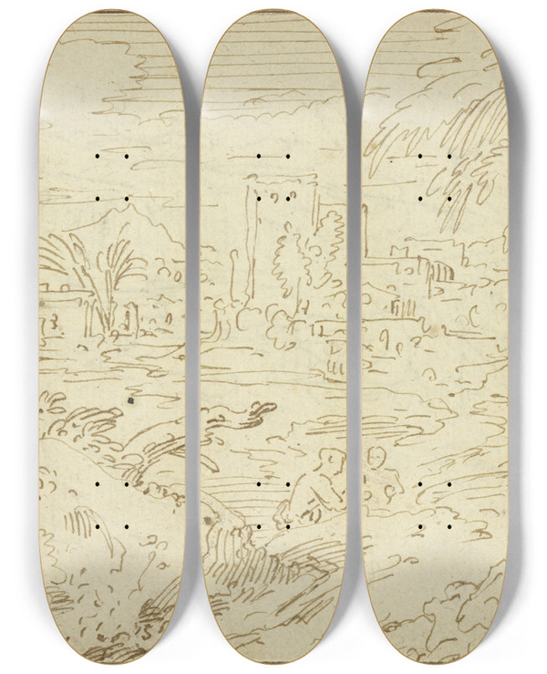 Triptych art skateboard deck of Abraham Genoels Ii Landschaft Mit Gebuden Im Vordergrund Felsstcke Und Zwei Nur Halb Sichtbare Figuren by Abraham Genoels Ii (1640-1723)