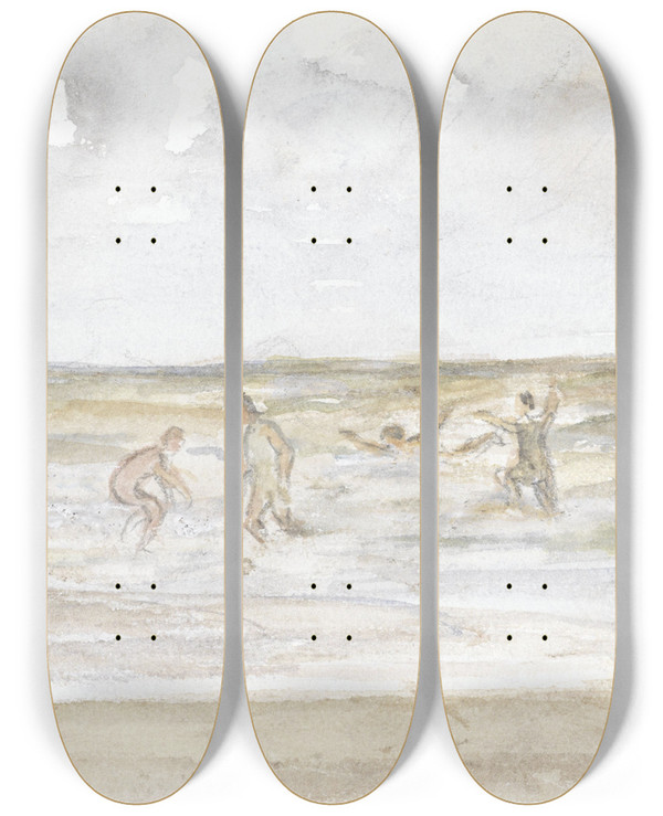 Triptych art skateboard deck of Jozef Israls Baders In Zee En Een Strandkoets by Jozef Israels (1824-1911)