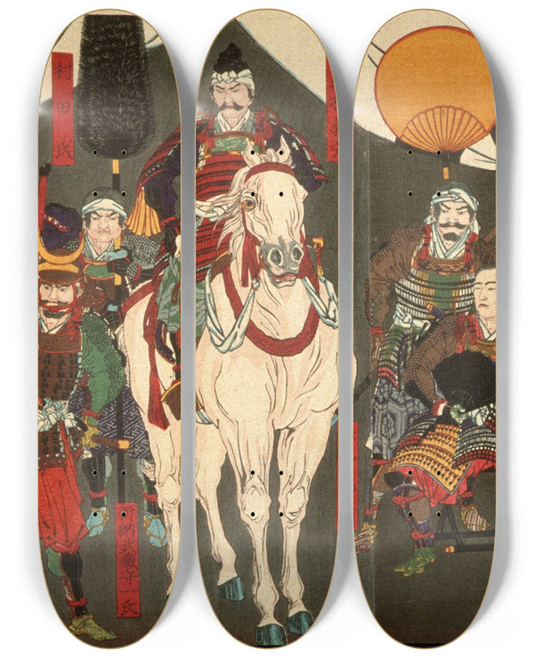 Triptych art skateboard deck of Tsukioka Yoshitoshi Heroes Of The Shimazu Clan by Tsukioka Yoshitoshi (1839-1892)