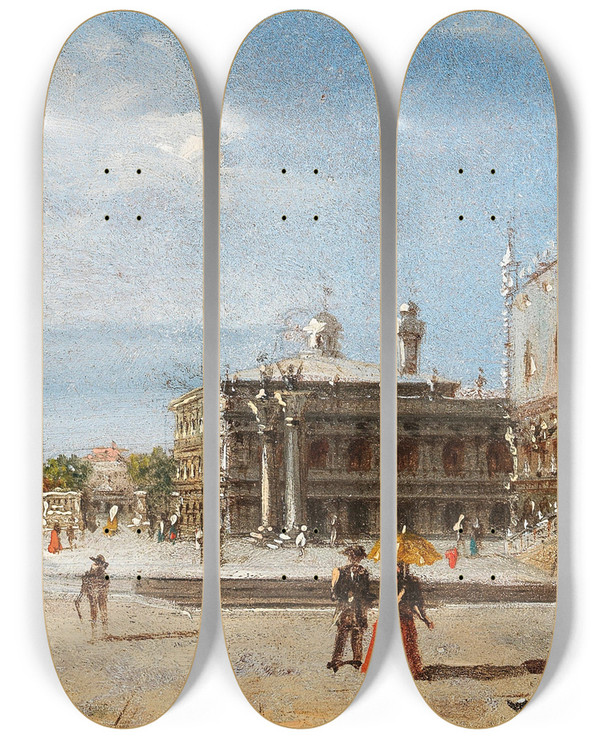 Triptych art skateboard deck of Marco Grubas Venice The Riva Degli Schiavoni by Marco Grubas (1839-1910)