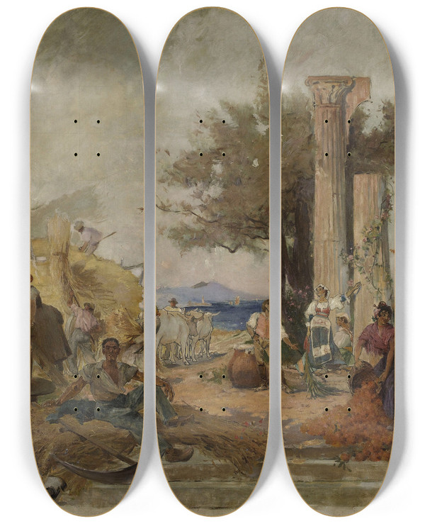 Triptych art skateboard deck of Marie Flix Hippolytelucas Lactivit Commerciale En Europe by Marie Felix Hippolyte Lucas (1854-1925)