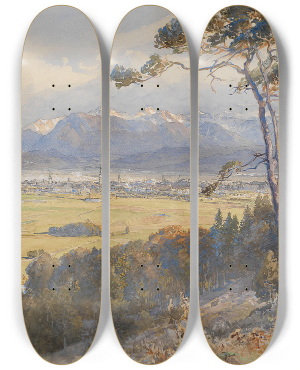 Triptych art skateboard deck of Edward Theodore Compton Blick Auf Klagenfurt Vor Den Bergzgen Der Karawanken by Edward Theodore Compton (1849-1921)