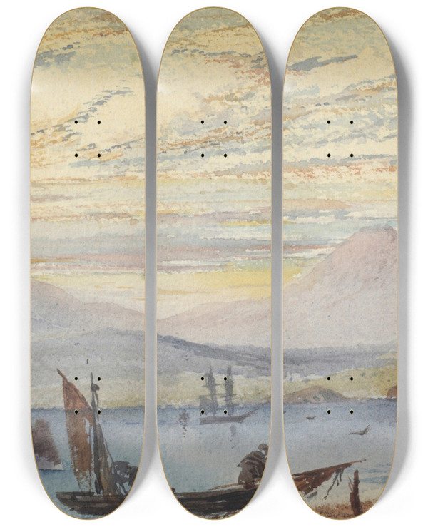 Triptych art skateboard deck of William Mathew Hodgkins View From Maori Kaik Looking Up Otago Harbour by William Mathew Hodgkins (1833-1898)