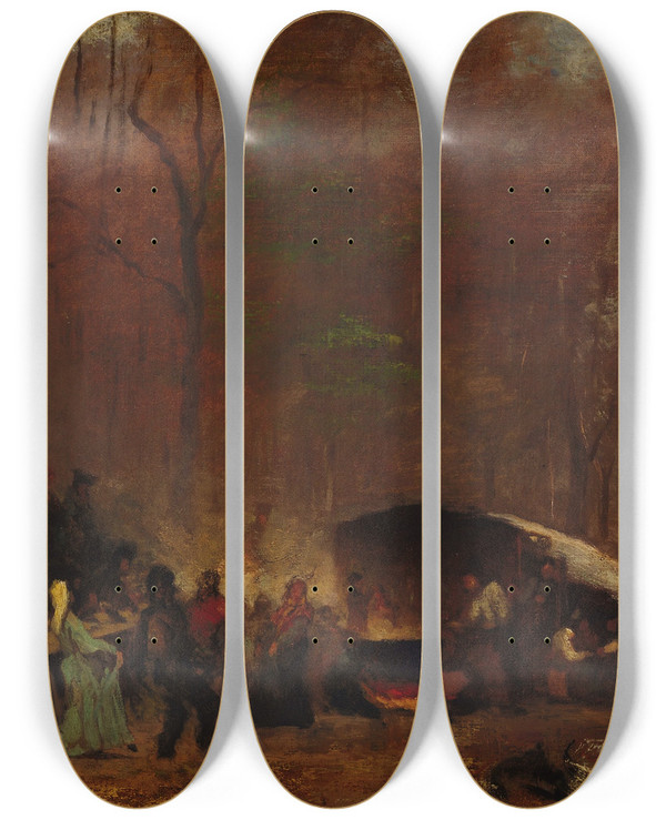 Triptych art skateboard deck of Eastman Johnson A Different Sugaring Off by Eastman Johnson (1824-1906)