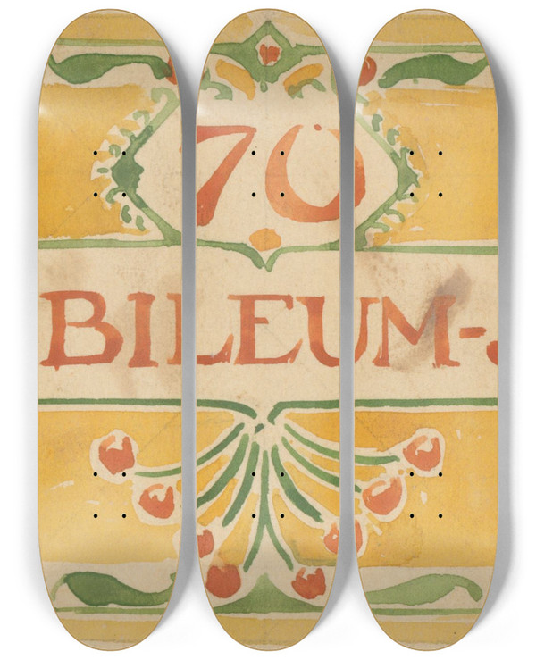 Triptych art skateboard deck of Reinier Willem Petrus De Vries Ontwerp Voor Een Etiket Voor Jublileumjam by Reinier Willem Petrus De Vries (1874-1952)