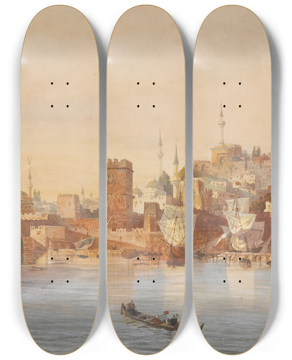 Triptych art skateboard deck of Eugne Flandin View Ofrhodes by Eugene Flandin (1809-1876)