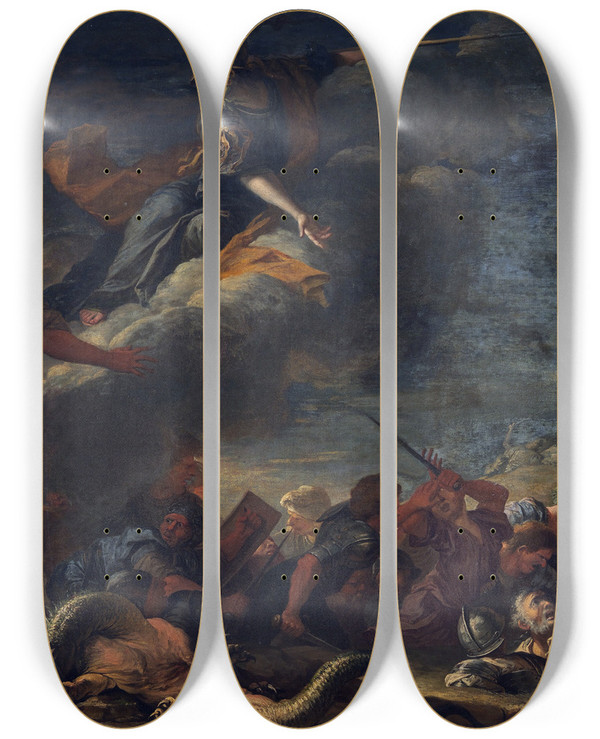 Triptych art skateboard deck of Salvator Rosa The Founding Of Thebes by Salvator Rosa (1615-1673)