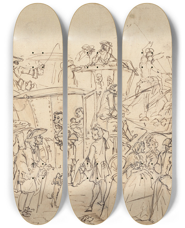 Triptych art skateboard deck of Louis Philippe Boitard The Earthquake Scare In Piccadilly by Louis Philippe Boitard (1734-1760)
