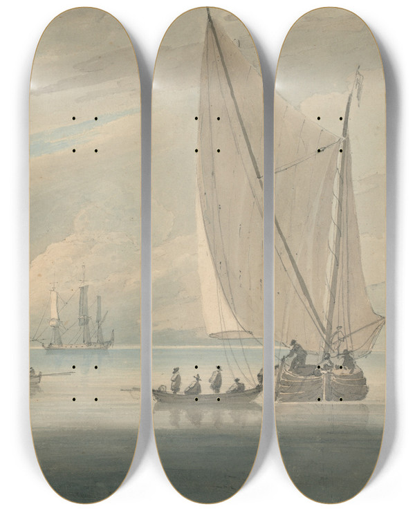 Triptych art skateboard deck of John Wilson Carmichael Italian Coast Scene With Island Shipping by John Wilson Carmichael (1800-1868)