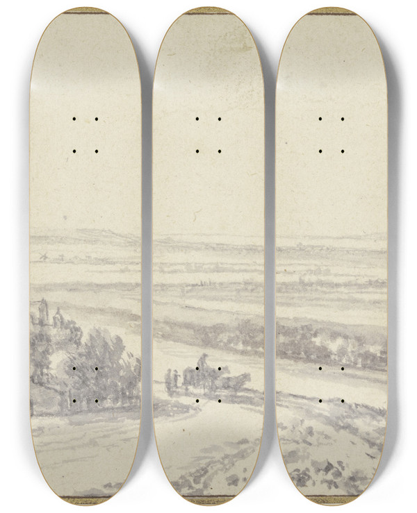Triptych art skateboard deck of Antonie Waterloo Landschaft Mit Einem Flu Links Gebude Unter Bumen Auf Der Landstrae Ein Wagen Und Einige Figuren by Antonie Waterloo (1609-1690)