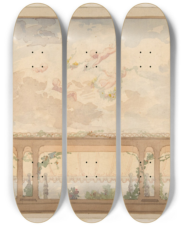 Triptych art skateboard deck of Julesedmondcharles Lachaise Design For A Ceiling Painted With A Trompe Loeil Awning And Putti In Clouds by Jules-Edmond-Charles Lachaise (1897)